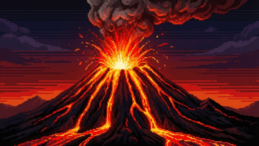 Un vulcano pixel art in eruzione con lava e fumo.