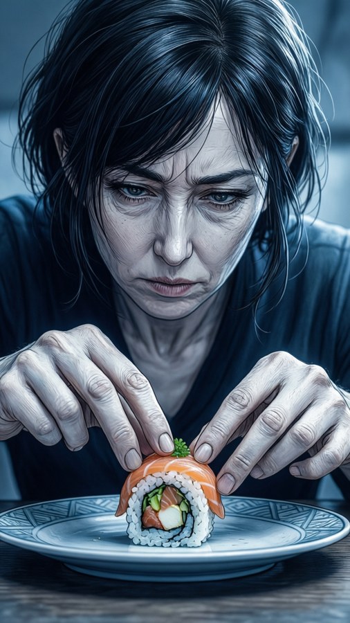 Megumi Tadokoro meticulously plating sushi, focused and detailed.