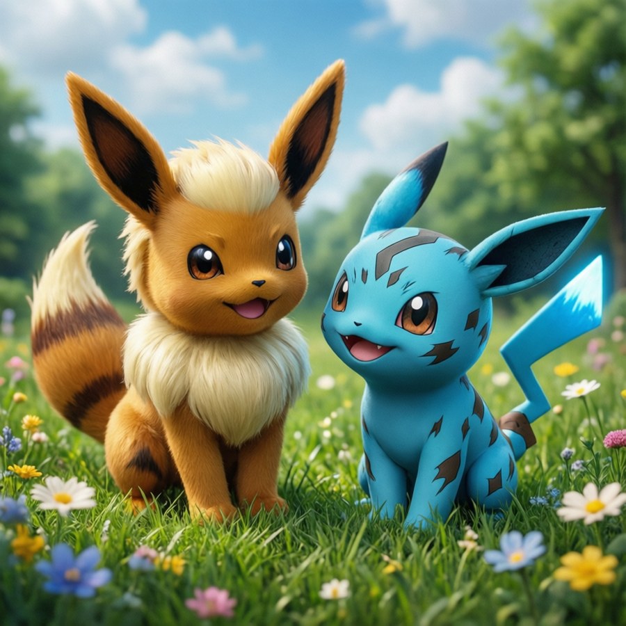 Manectric and Electrike playing in a field, cute and friendly.