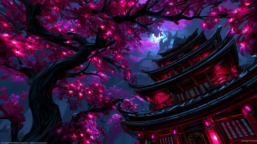 pagoda,ancient,fantasy,blossom,tree,dusk,architecture,mystical,oriental,glowing,traditional,dreamy,foliage,spiritual,vivid