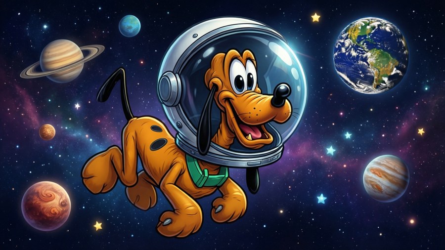 Pluto exploring outer space as an astronaut.