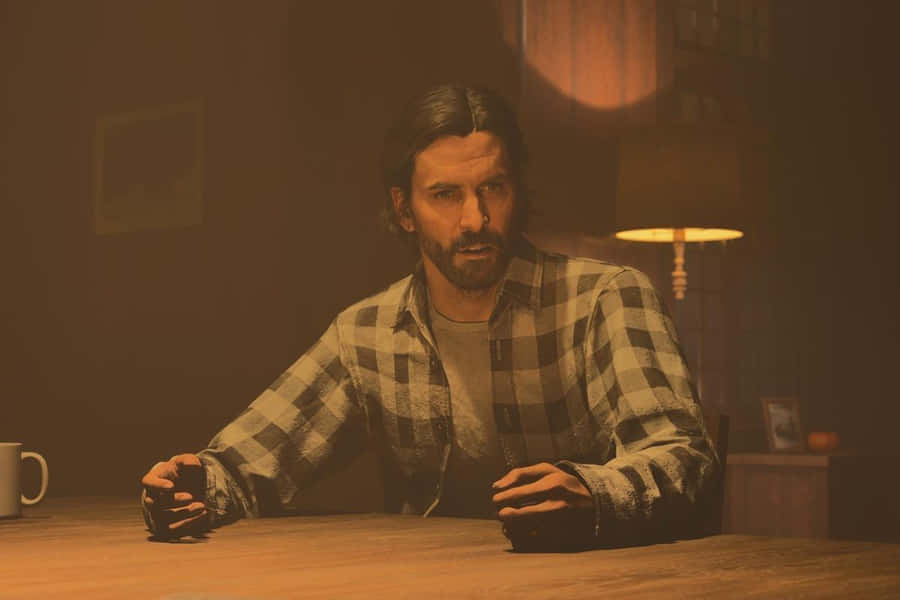 Personagem de Alan Wake2 Sentado à Mesa