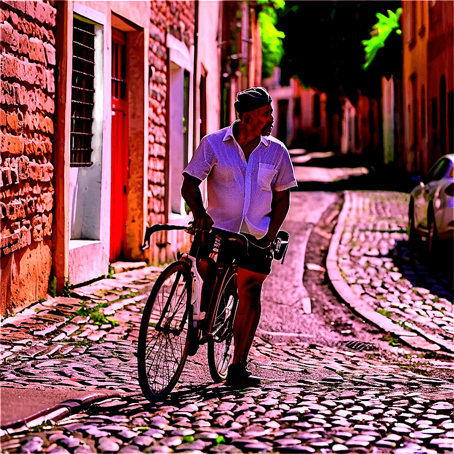 Cyclist on Cobbled Street PNG 06292024