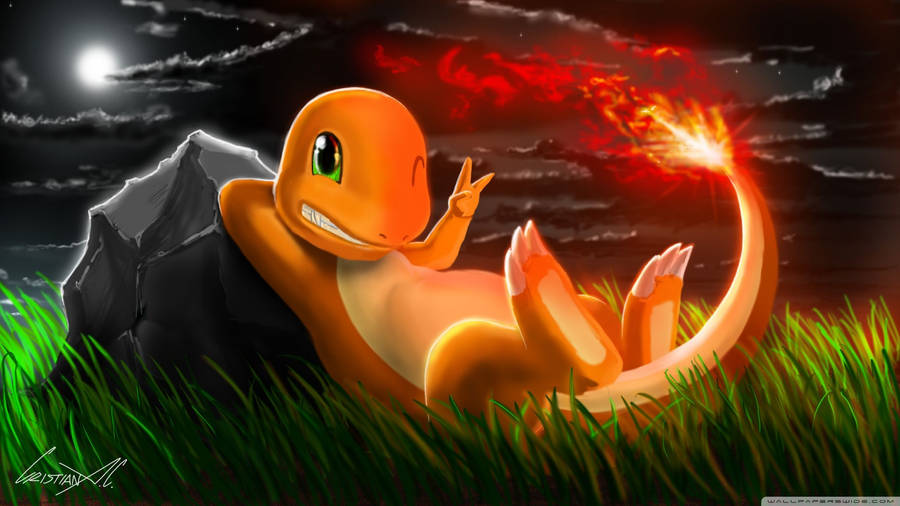 Pokemon Charmander lays on a grass with blazing tail fan art wallpaper.