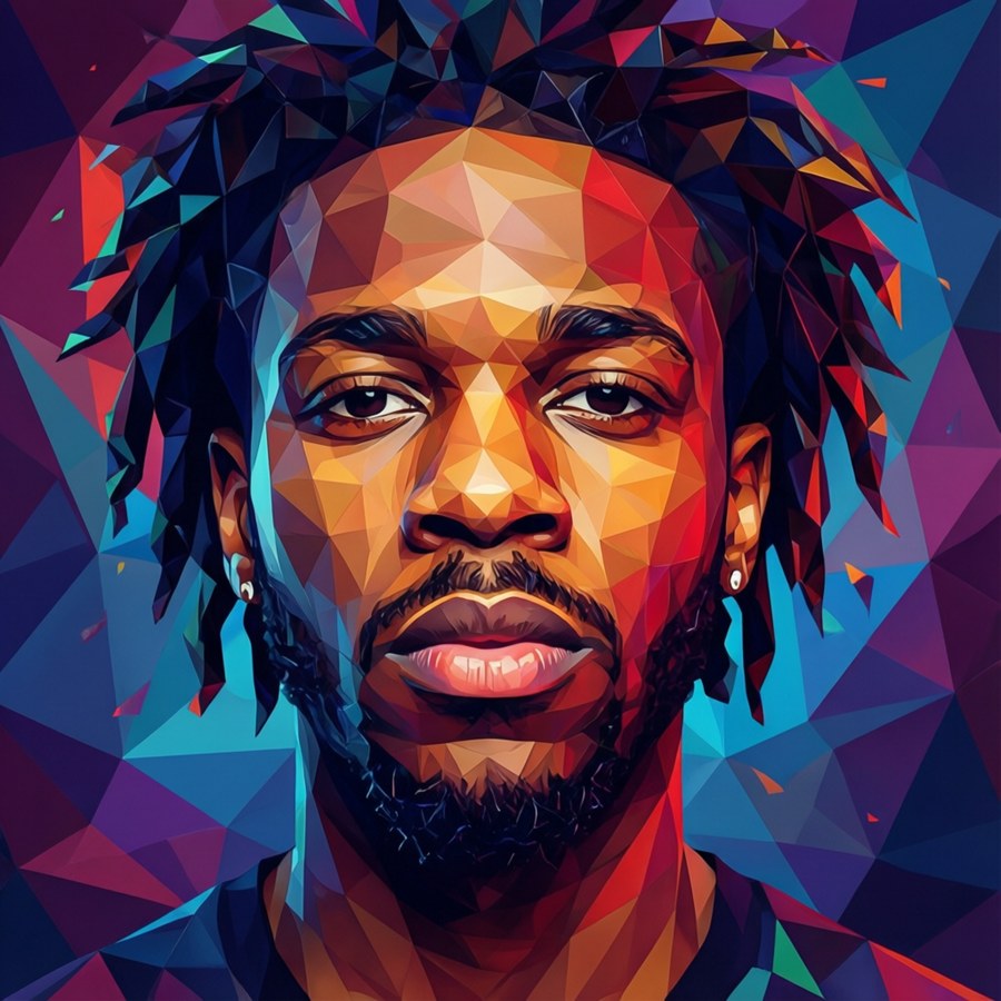 Quavo in low poly geometric style with vibrant colors.