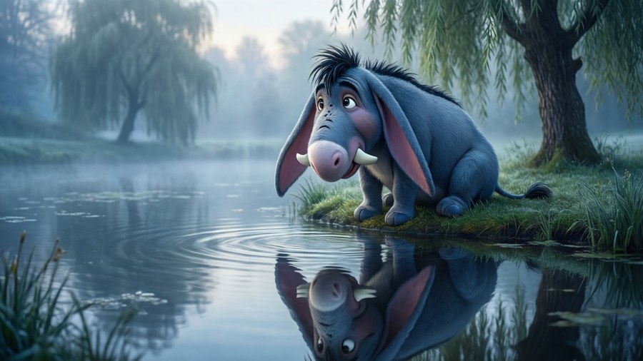 Eeyore contemplates his reflection in a misty pond, melancholic yet serene.