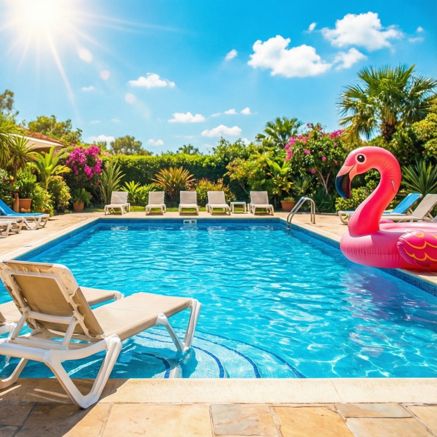 Bright pool scene with inflatable flamingo for summer pfp