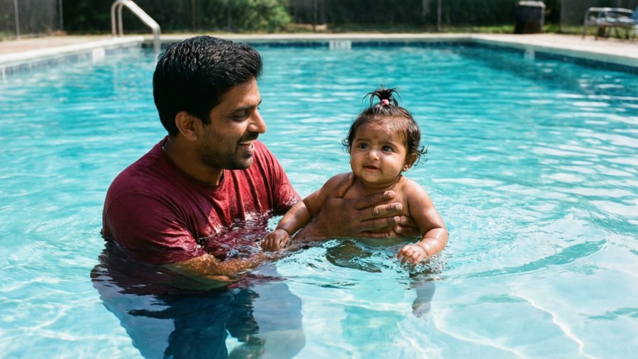 A warm wallpaper of Paxton helping Devi learn to swim, capturing a sweet bonding moment.