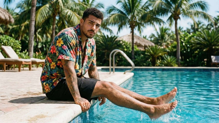 Maluma by the pool in floral shirt, vacation vibe.