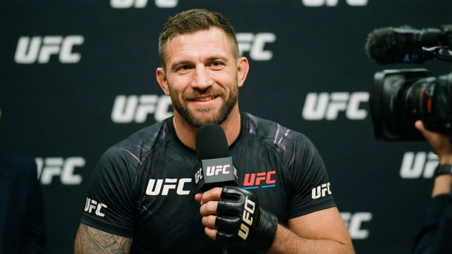 Matt Serra sorride durante un'intervista post-combattimento con microfono.