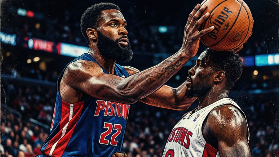 Comic-style action of a Pistons player dunking over an opponent.