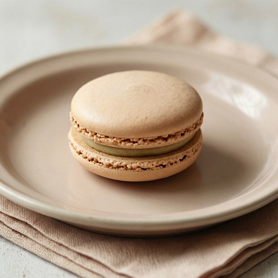 Un delicioso macaron beige en un plato.