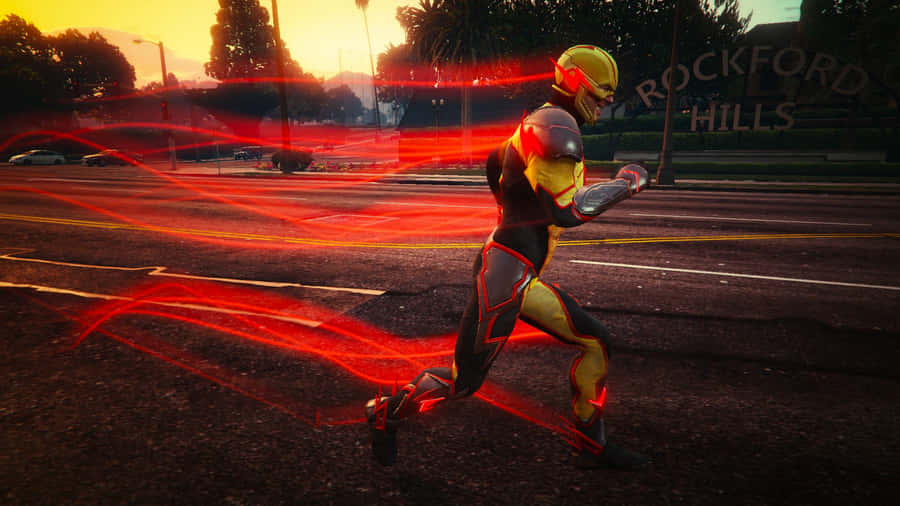 Reverse Flash che Corre nella Città al Tramonto