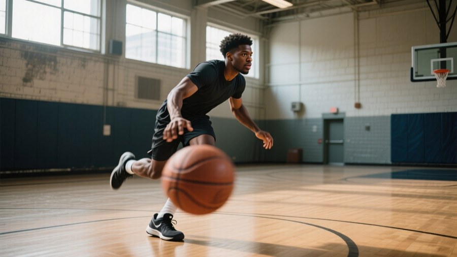 Khris Middleton dribbling in an empty gym during practice with natural light.