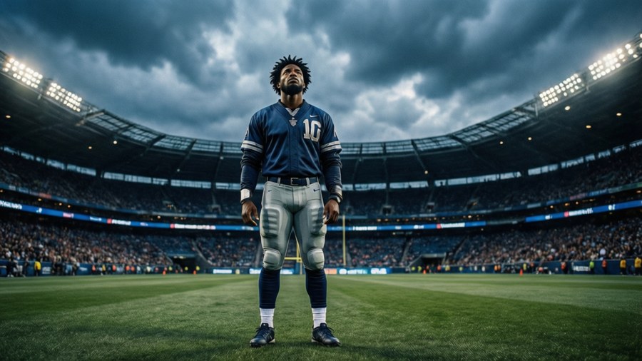Jameson Williams stands alone on the field before a game, looking up at the stands.