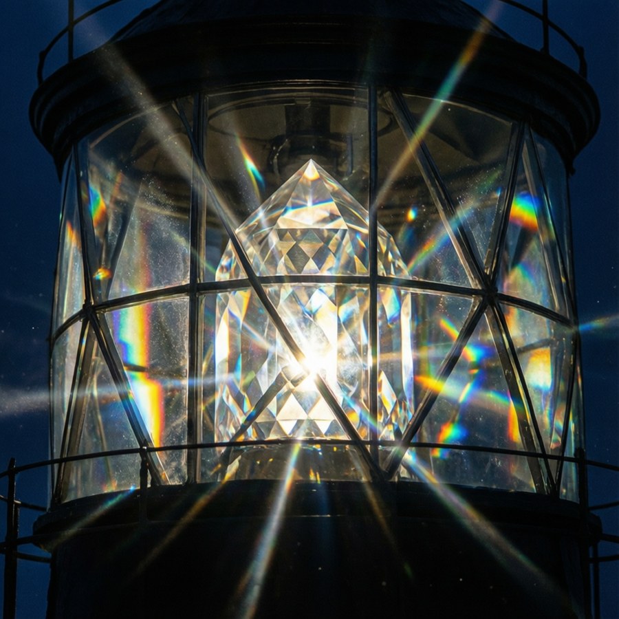 The central crystal prism refracts light inside the lighthouse.