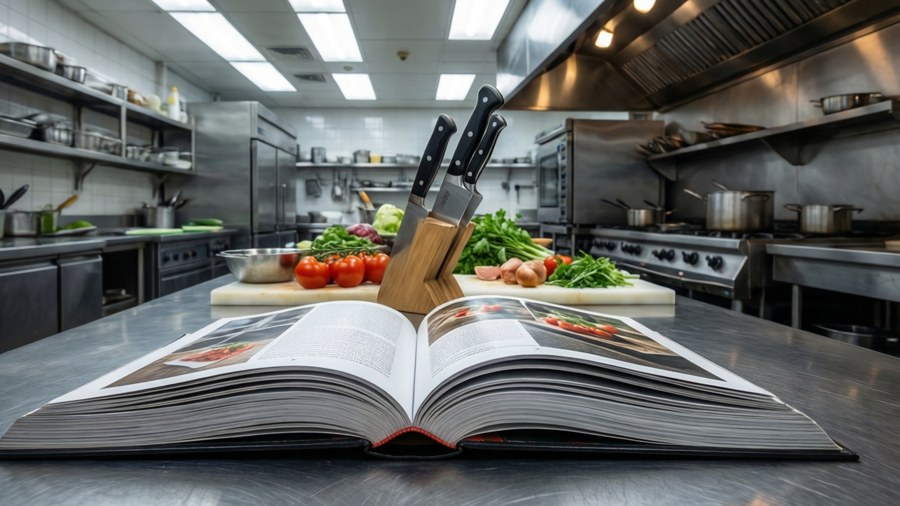 Modern kitchen with an open cookbook on a steel counter and chef tools.