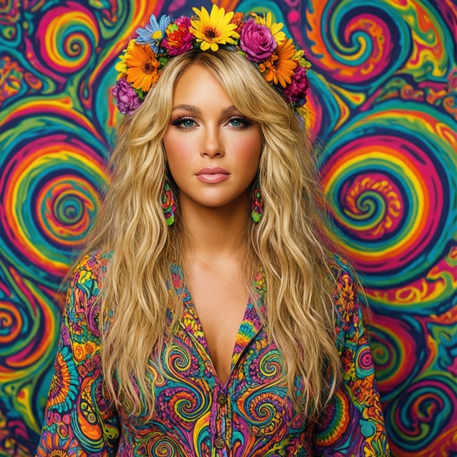 Britney Spears in a colorful hippie outfit with flower crown and psychedelic patterns.