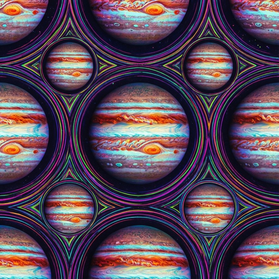 Trippy, colorful wallpaper with repeating Jupiter images