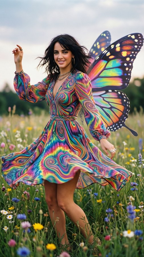 Dua Lipa in a colorful dress dancing in a wildflower field with fantasy elements.