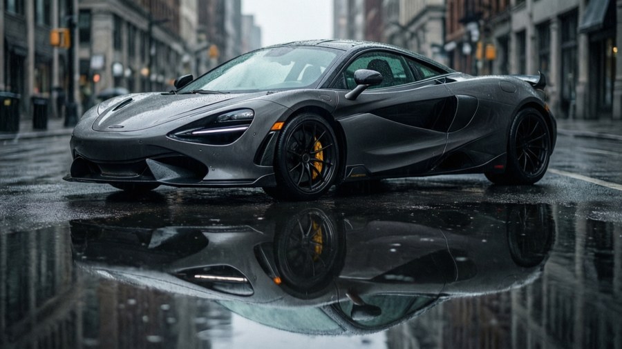 Voiture de sport McLaren grise garée sur une rue mouillée de la ville avec un reflet de flaque miroir.