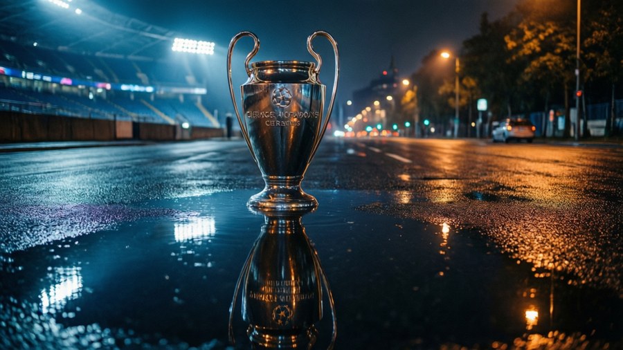 Moody night scene with UCL trophy reflection in a puddle.