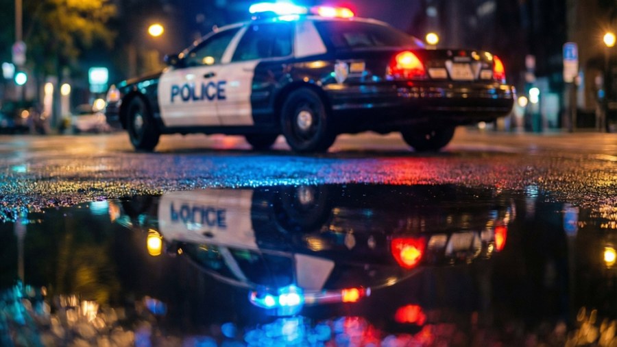 Reflection of police car in a puddle, abstract lights.