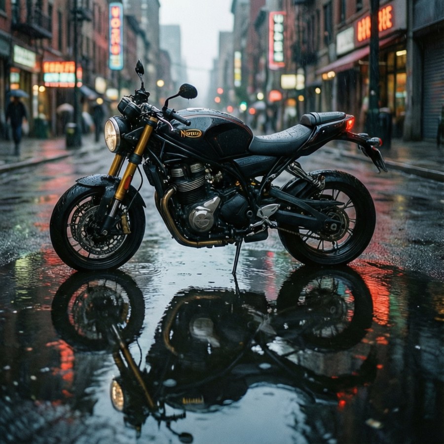 A Norton motorcycle reflected in a puddle after rain in an urban street with neon signs.