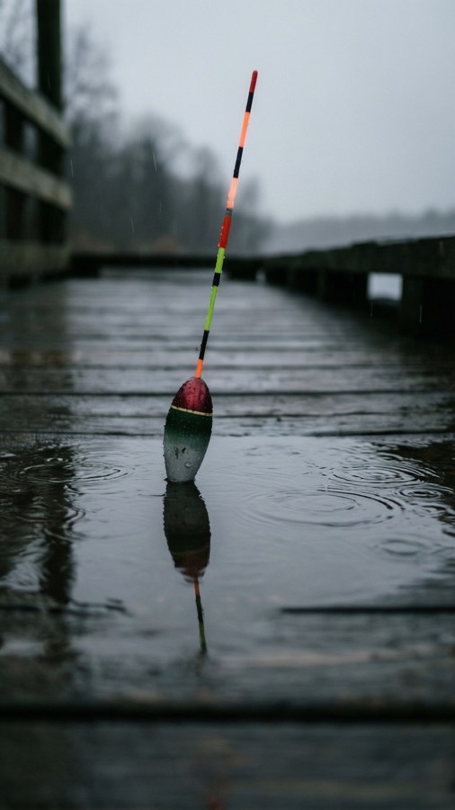 Um papel de parede sombrio de uma bóia de pesca refletida em uma poça de chuva em um cais de madeira com ondulações.