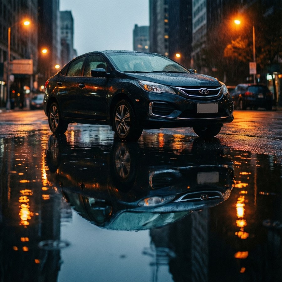 Abstract wallpaper of a Chery car reflected in a rainy puddle with moody lighting.