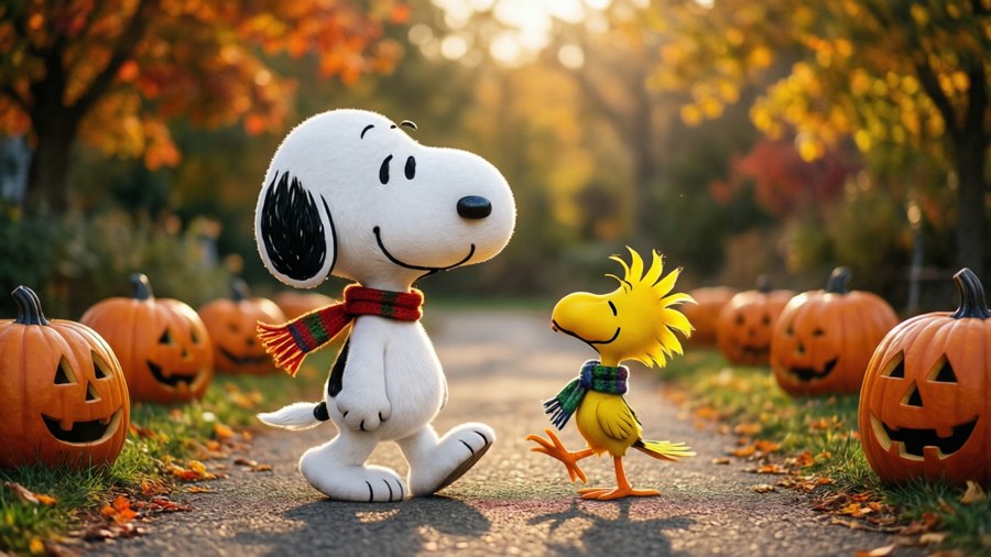 Snoopy och Woodstock promenerar längs en festlig höststig.