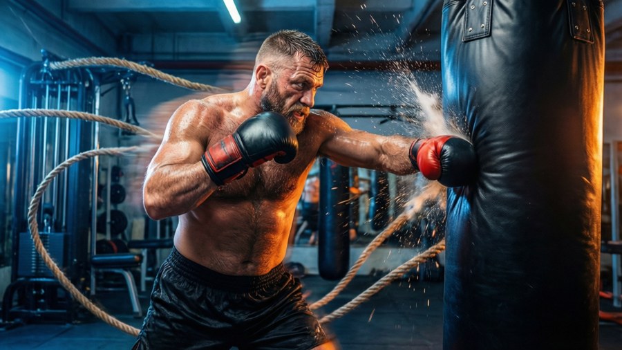 Aleksander Emelianenko training with a heavy bag, showing explosive power