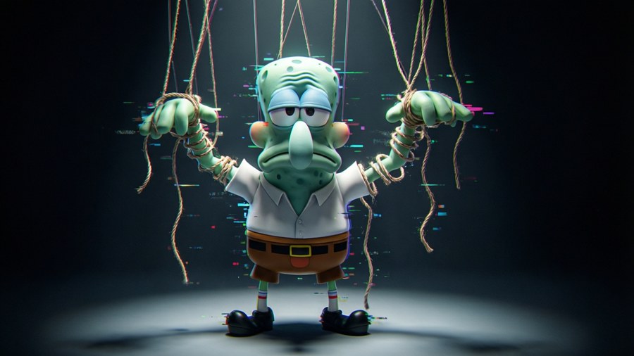 Spamton suspended by glitching puppet strings