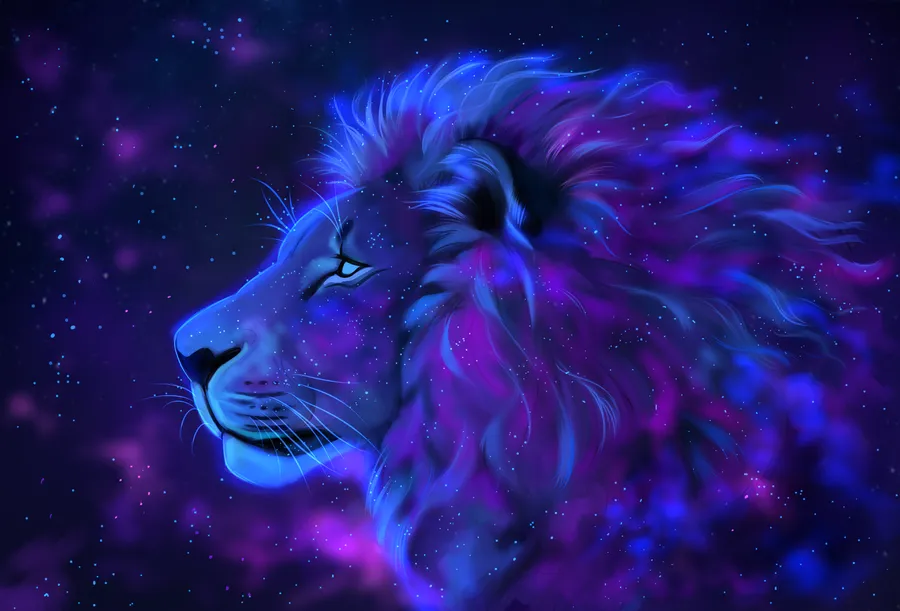 A breathtaking piece of artwork depicting a lion in profile and made using purple galaxy imagery.