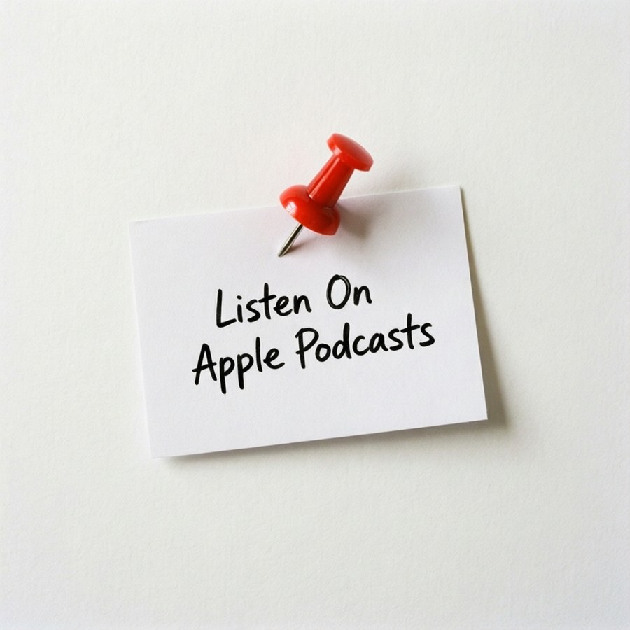 Fundo branco, alfinete vermelho, nota manuscrita com chamada para ação do Apple Podcasts.