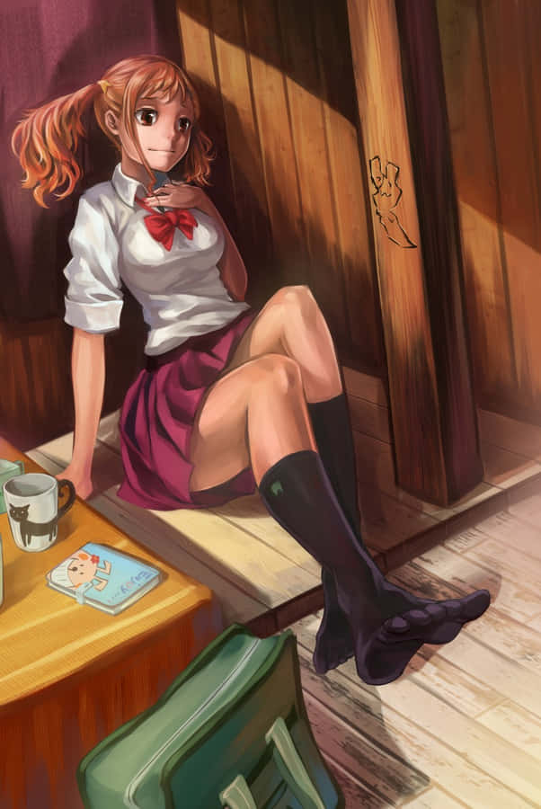Anime-Schulmädchen, das in einem sonnendurchfluteten Raum ruht