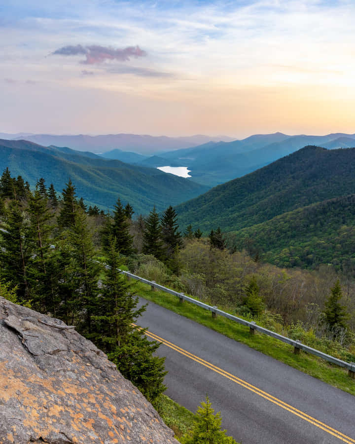 Etmalerisk udsyn over en snoet vej langs North Carolinas Blue Ridge Parkway.