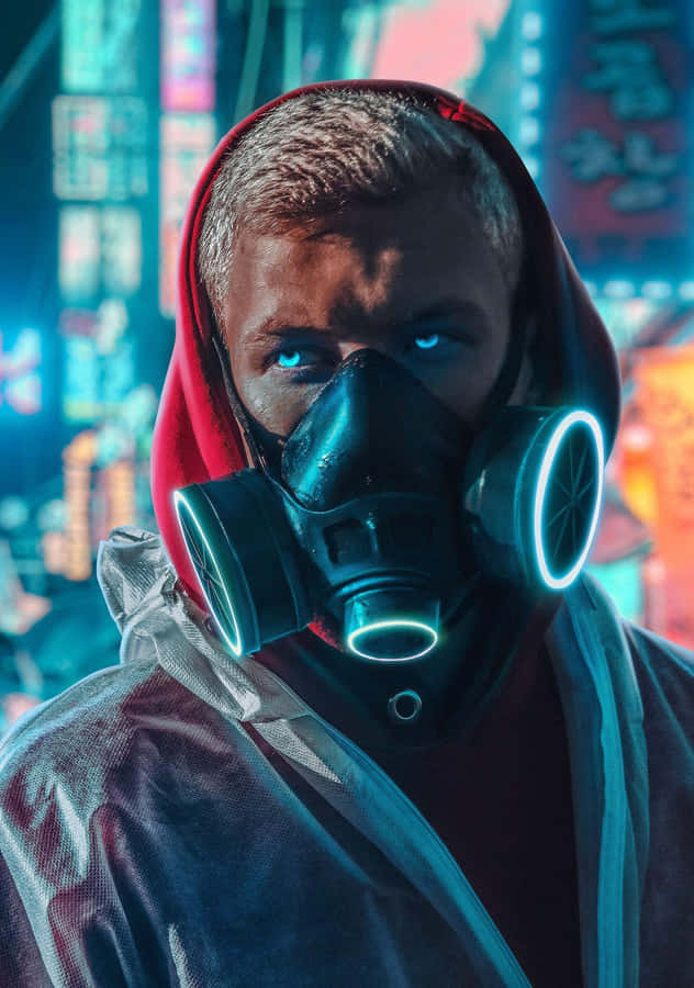 Futuristische Gasmaske in urbaner Umgebung