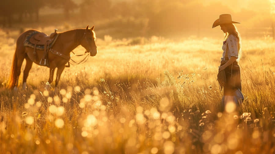 Goldene Stunde Cowgirl und Pferd