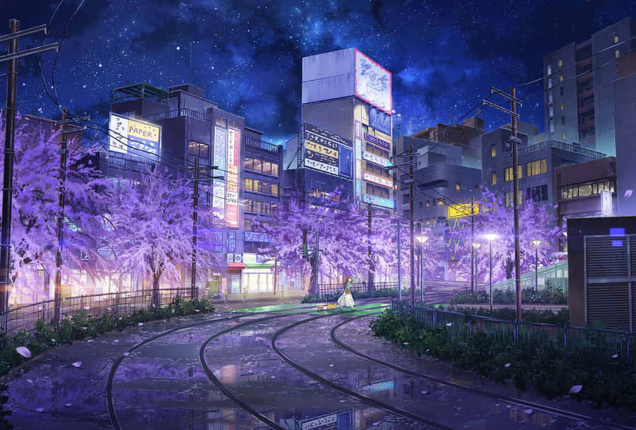 Fundode Tela de Anime com Caminho Lateral de Flores de Cerejeira