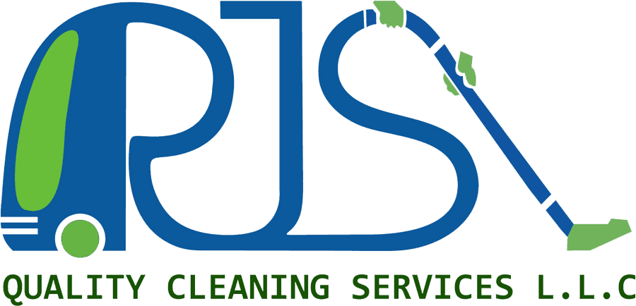 Quality Cleaning Services Logo PNG — Blue and green stylized logo shaped like a vacuum cleaner forming the letters PJS with text below.