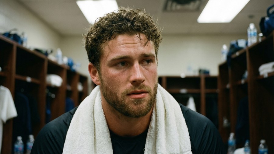 Brock Purdy in the locker room, thoughtful and calm after a hard-fought game.