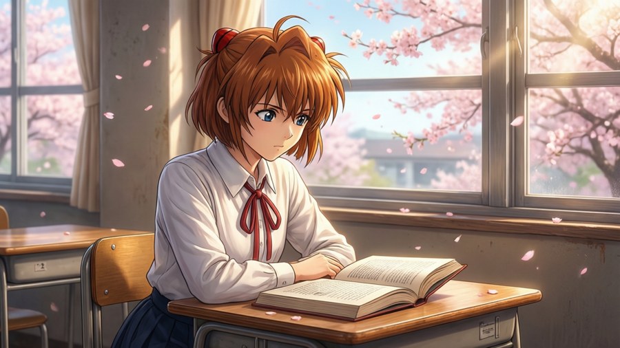 Haibara Ai genießt einen ruhigen Moment beim Lesen in einem sonnigen Klassenzimmer.