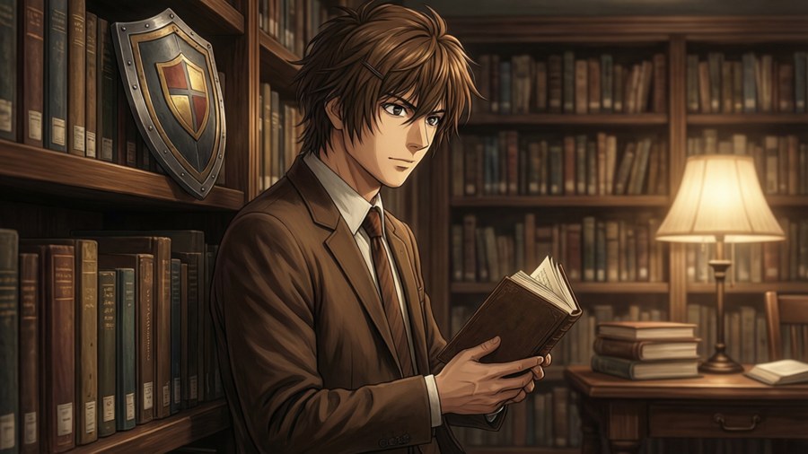 Naofumi reads a book in a cozy library, his shield nearby.