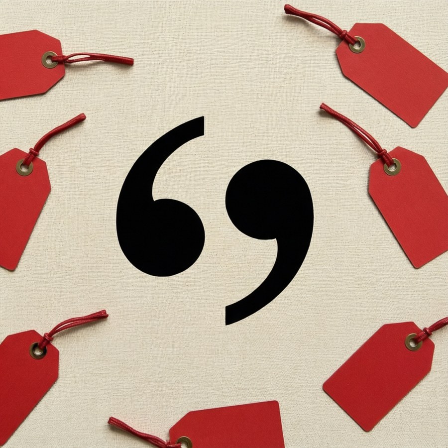 A beige Off-White wallpaper with iconic quotation marks and fashion details.