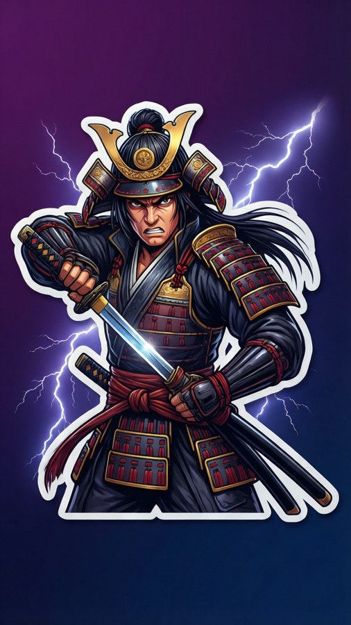 Raiden Shogun PNG sticker with lightning on purple gradient