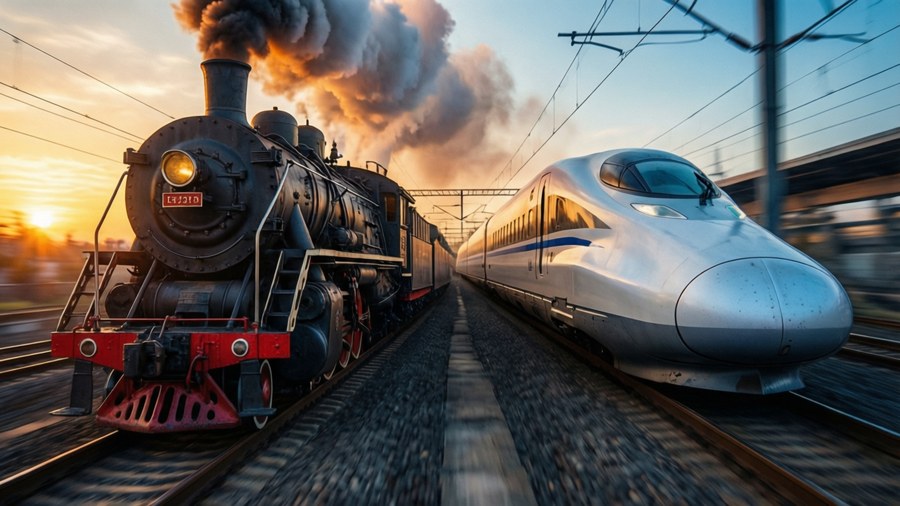 Steam train and bullet train side by side