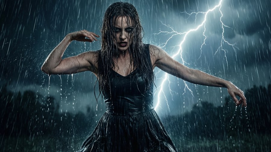 M3gan dancing alone in a thunderstorm, lightning striking behind her.