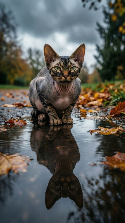 A moody wallpaper of a Devon Rex cat reflected in a rain puddle with autumn leaves.