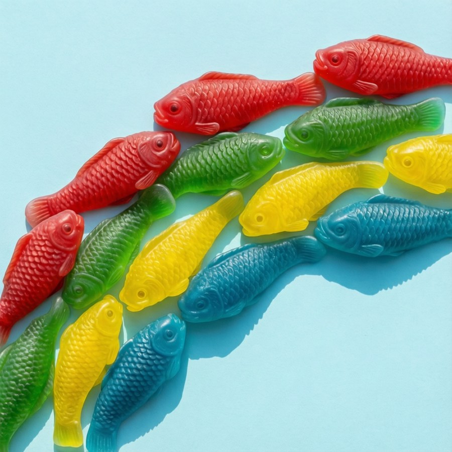 A flat lay of colorful Swedish Fish candies in a rainbow pattern on pastel blue.